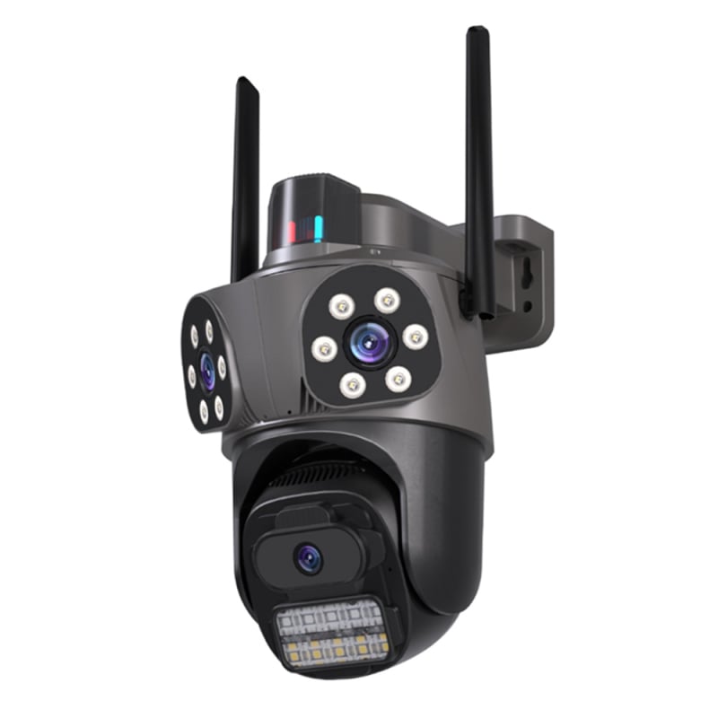 WiFi gimbal gömbkamera három lencsével és három nézetű felvétellel, 0.01 lux minimális megvilágítás, SNR > 44 dB, -30°C–65°C működési tartomány, 12V tápegység