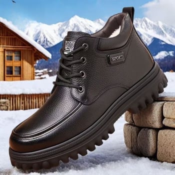 Téli férfi magasított bőrcipő meleg plüss béléssel, felsőrész split bőrből, TPR vulkanizált talp, csúszásmentes