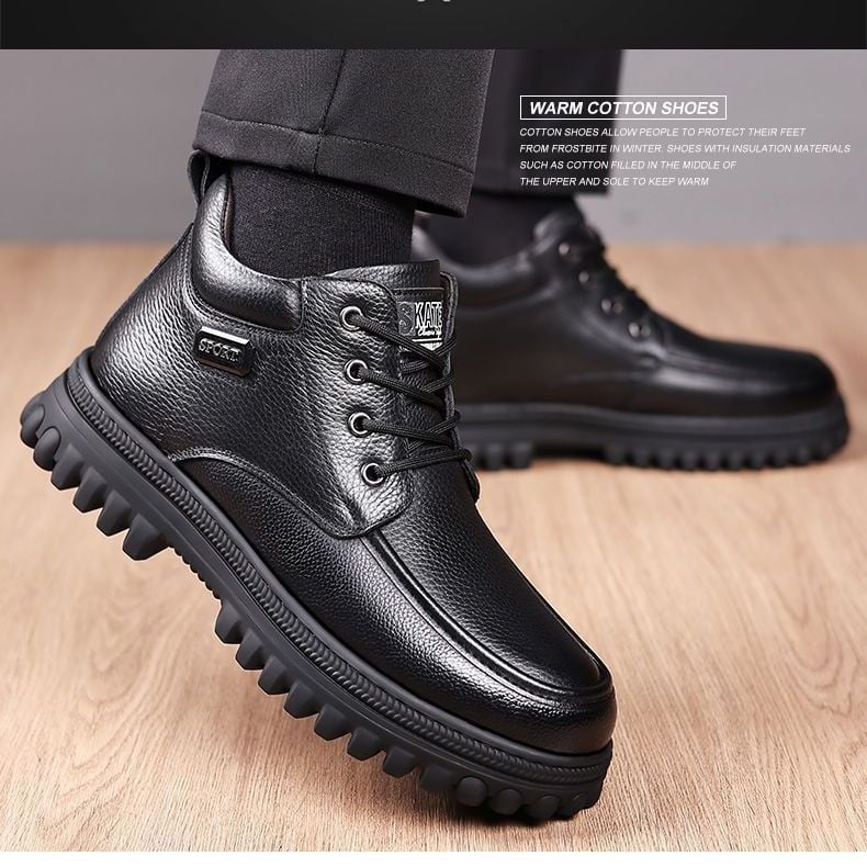 Téli férfi magasított bőrcipő meleg plüss béléssel, felsőrész split bőrből, TPR vulkanizált talp, csúszásmentes