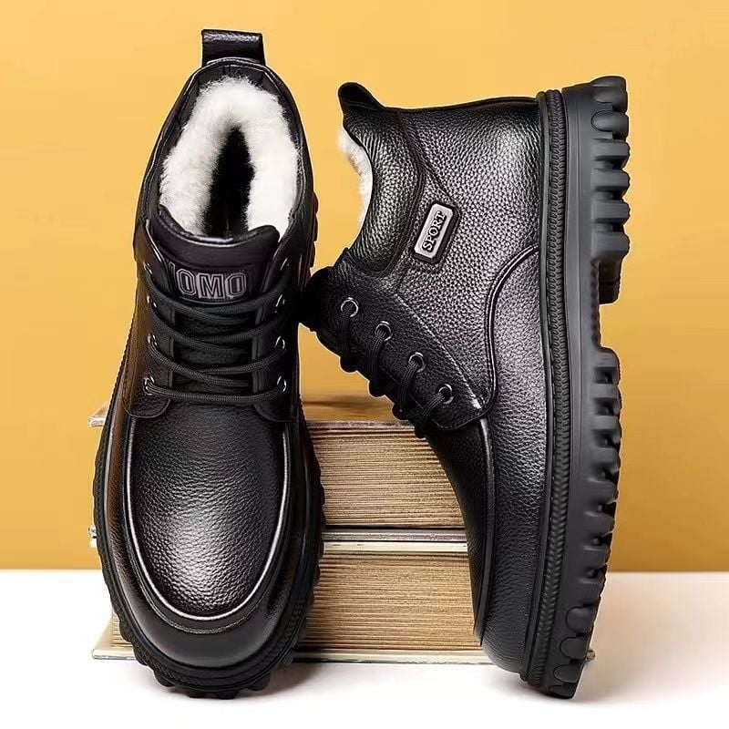 Téli férfi magasított bőrcipő meleg plüss béléssel, felsőrész split bőrből, TPR vulkanizált talp, csúszásmentes