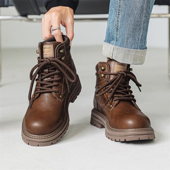 Uniszex bőrbakancsok - Két réteg marhabőr felsőrész, gumitalp, kerek orr, középmagas sarka 3–5 cm, elöl fűzőzárás, középmagas szár