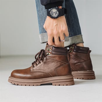 Uniszex bőrbakancsok - Két réteg marhabőr felsőrész, gumitalp, kerek orr, középmagas sarka 3–5 cm, elöl fűzőzárás, középmagas szár