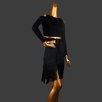 Latin tánc ruha – felnőtt nő, modern táncruha, egyszínű poliészter keverék (90% poliészter), bojtokkal díszített szoknya, nem szabályos vágású