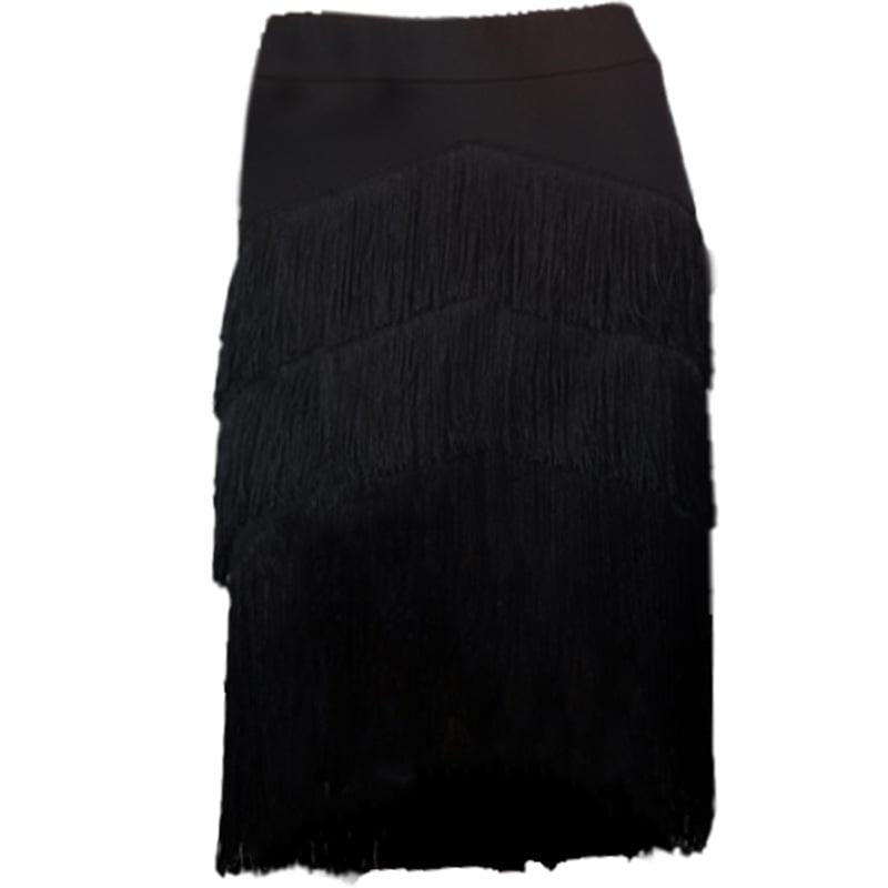 Latin tánc ruha – felnőtt nő, modern táncruha, egyszínű poliészter keverék (90% poliészter), bojtokkal díszített szoknya, nem szabályos vágású