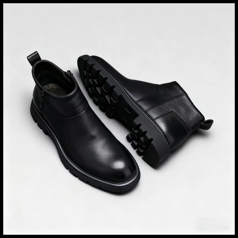 Férfi Chelsea bakancs első réteg borjúbőrből, középmagas szár, oldalsó cipzár, gumihab talp, közepes magasságú sarok (3-5 cm)