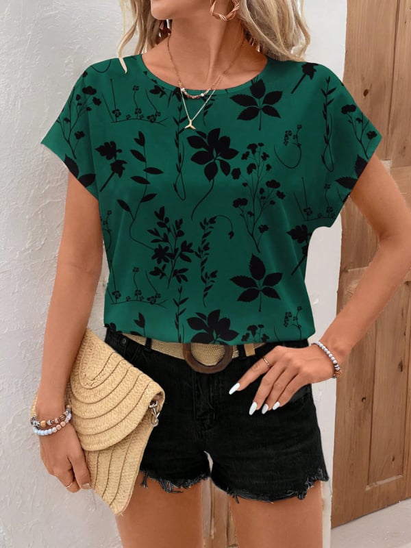 Női ing virágos mintával, kerek nyakú, rövid ujjú, poliészter, hétköznapi stílus
