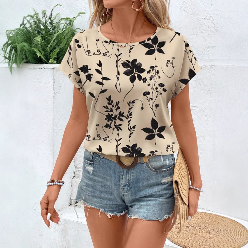 Női ing virágos mintával, kerek nyakú, rövid ujjú, poliészter, hétköznapi stílus