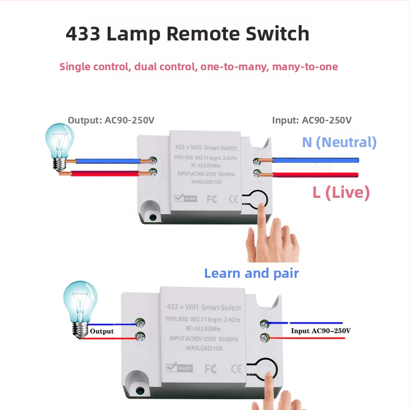 Inteligentný bezdrôtový prepínač s časovačom a duálnym ovládaním, RF433 a mobilnou aplikáciou, 90-265V, 10A