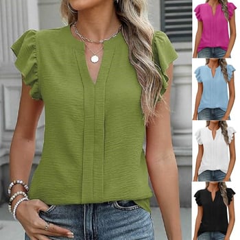 Női ing V-nyakú, pulóver-stílusú, rövid ujjú lotus levél mintázatú, poliészter-spandex anyag