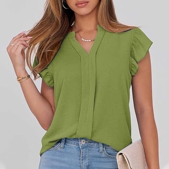 Női ing V-nyakú, pulóver-stílusú, rövid ujjú lotus levél mintázatú, poliészter-spandex anyag