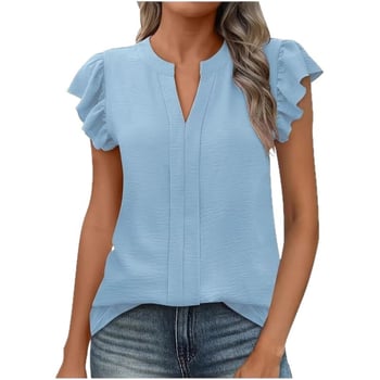 Női ing V-nyakú, pulóver-stílusú, rövid ujjú lotus levél mintázatú, poliészter-spandex anyag