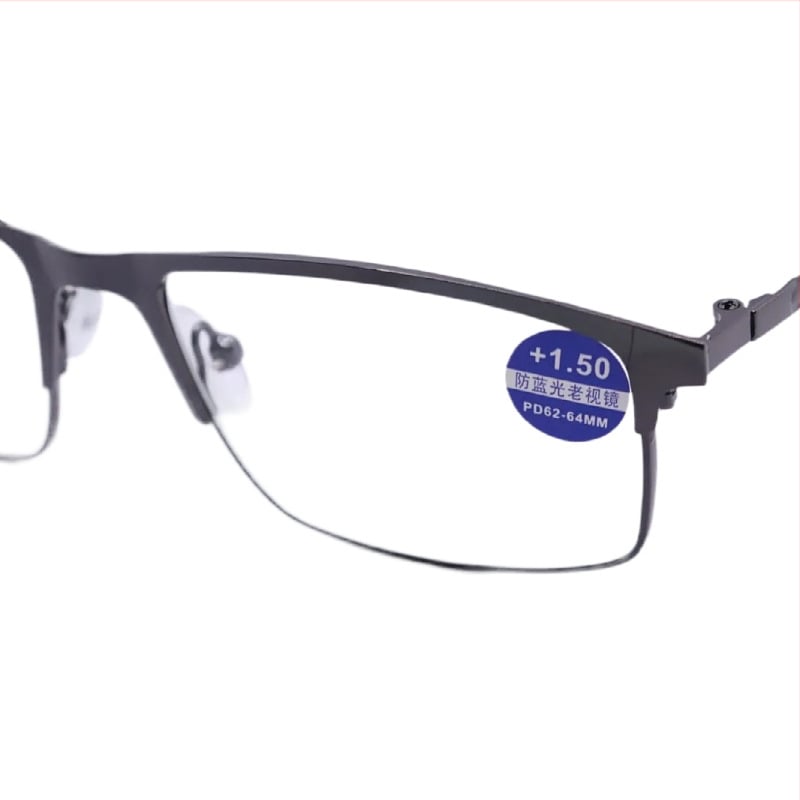 Fém teljes keretű olvasószemüveg, akril lencsékkel, anti-kék fény és fotokróm funkcióval, négyszögletes arcformához, férfiaknak