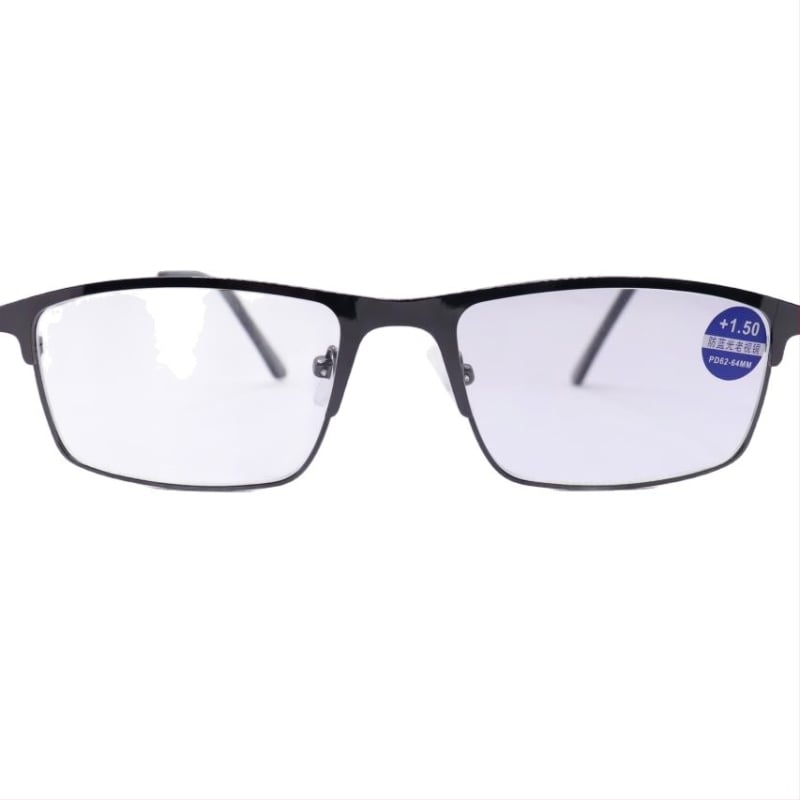Fém teljes keretű olvasószemüveg, akril lencsékkel, anti-kék fény és fotokróm funkcióval, négyszögletes arcformához, férfiaknak