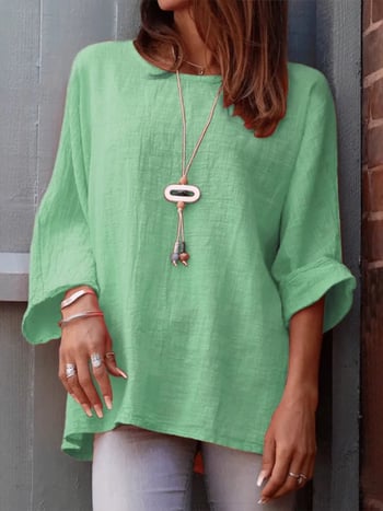 Női pamut–len vászon-ing, kerek nyakú, 3/4 ujjú, laza szabás, középhosszú (65–80 cm)