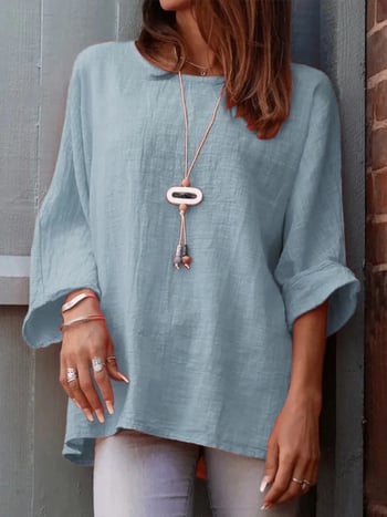 Női pamut–len vászon-ing, kerek nyakú, 3/4 ujjú, laza szabás, középhosszú (65–80 cm)