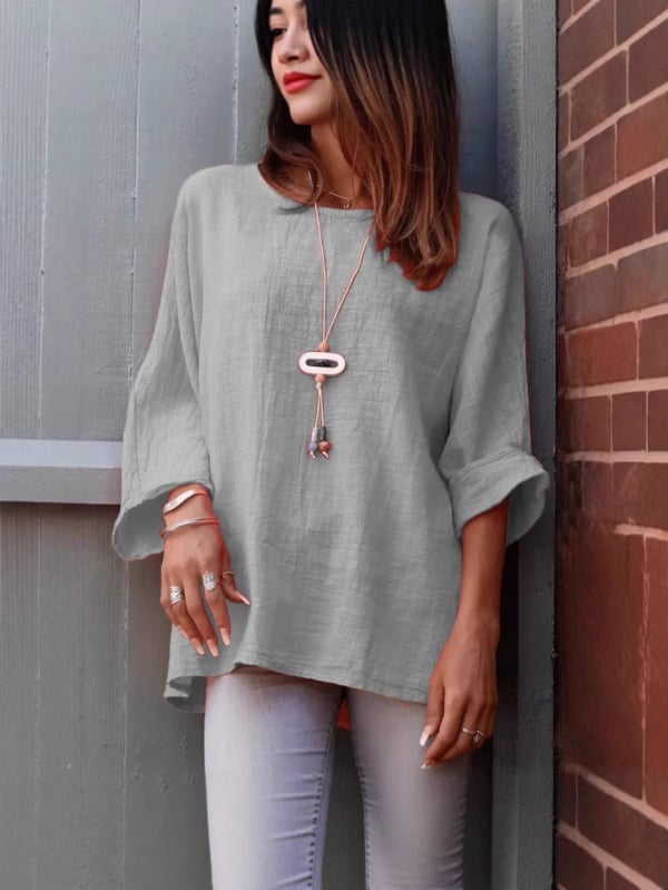 Női pamut–len vászon-ing, kerek nyakú, 3/4 ujjú, laza szabás, középhosszú (65–80 cm)