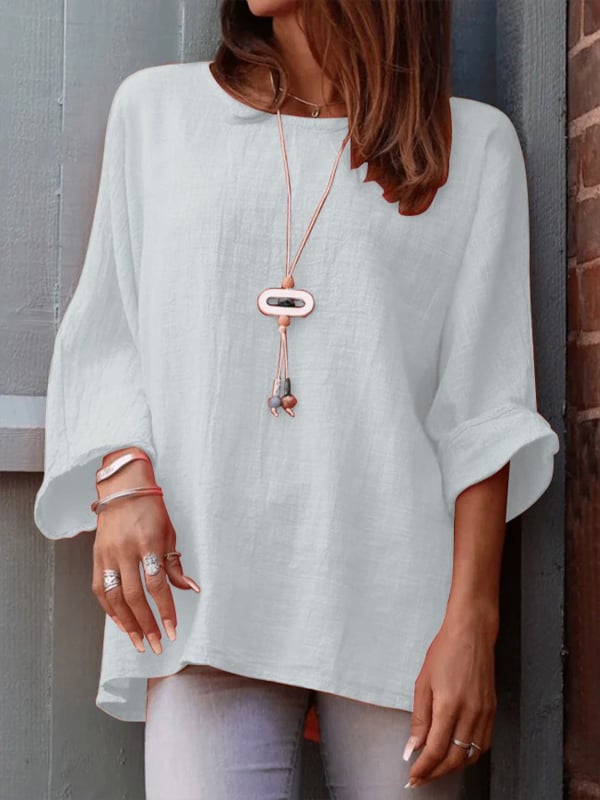 Női pamut–len vászon-ing, kerek nyakú, 3/4 ujjú, laza szabás, középhosszú (65–80 cm)