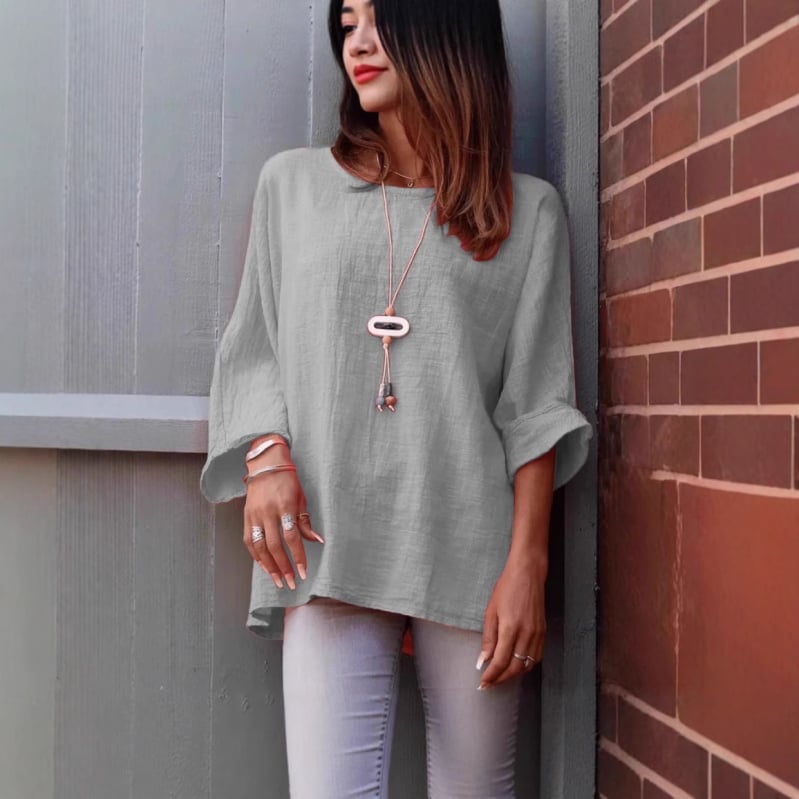 Női pamut–len vászon-ing, kerek nyakú, 3/4 ujjú, laza szabás, középhosszú (65–80 cm)