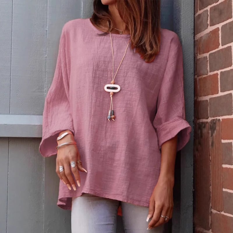 Női pamut–len vászon-ing, kerek nyakú, 3/4 ujjú, laza szabás, középhosszú (65–80 cm)