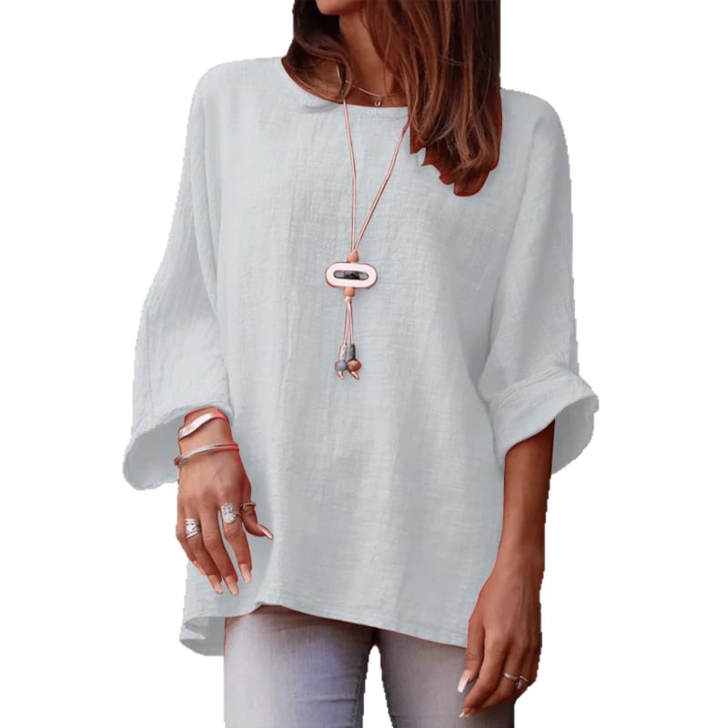 Női pamut–len vászon-ing, kerek nyakú, 3/4 ujjú, laza szabás, középhosszú (65–80 cm)