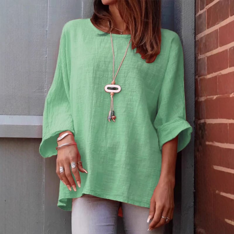 Női pamut–len vászon-ing, kerek nyakú, 3/4 ujjú, laza szabás, középhosszú (65–80 cm)