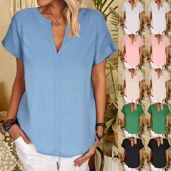 Női V-nyakú rövid ujjú inget pamut- és lenvászonból kender- és poliészter keverékkel, pulóver-stílus, brit stílus