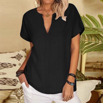 Női V-nyakú rövid ujjú inget pamut- és lenvászonból kender- és poliészter keverékkel, pulóver-stílus, brit stílus