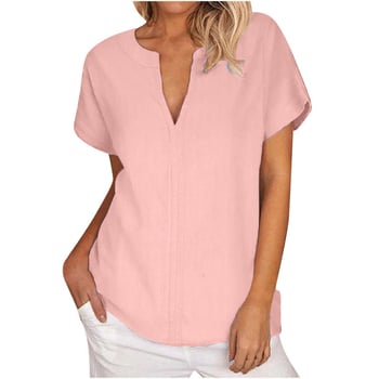 Női V-nyakú rövid ujjú inget pamut- és lenvászonból kender- és poliészter keverékkel, pulóver-stílus, brit stílus