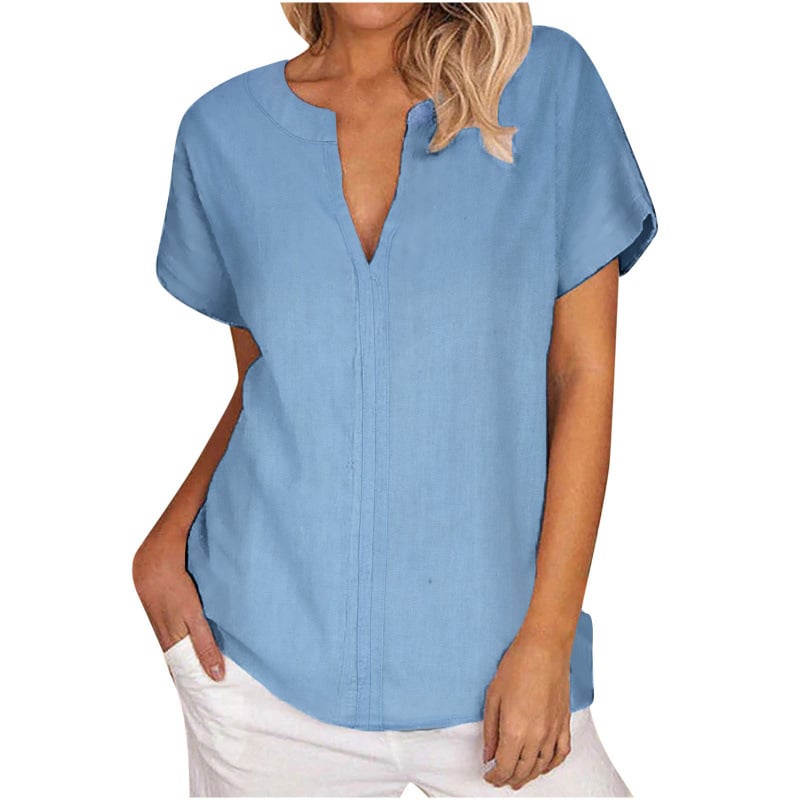 Női V-nyakú rövid ujjú inget pamut- és lenvászonból kender- és poliészter keverékkel, pulóver-stílus, brit stílus