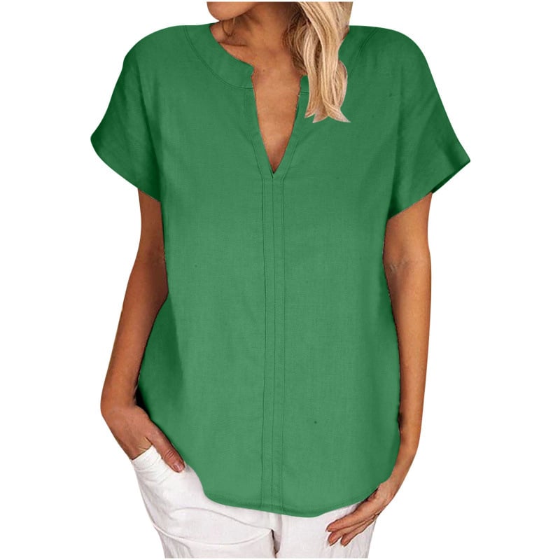 Női V-nyakú rövid ujjú inget pamut- és lenvászonból kender- és poliészter keverékkel, pulóver-stílus, brit stílus