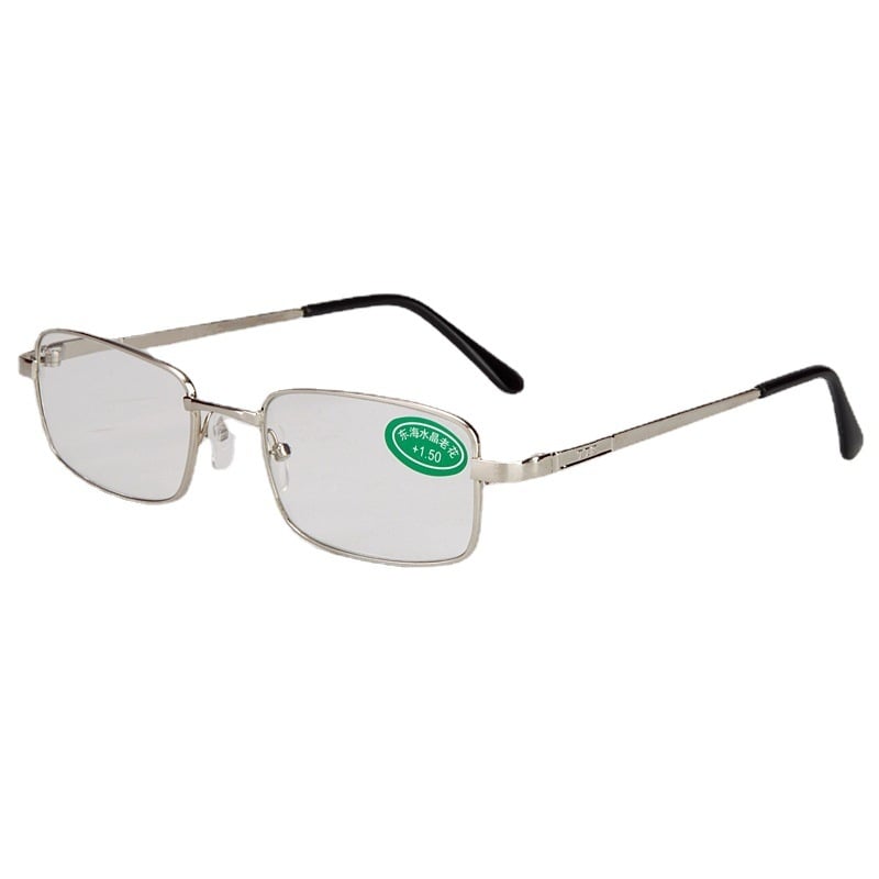 Olvasó szemüveg, teljes keret, négyszögletes forma, vintage stílus, üveglencsék, fém keret