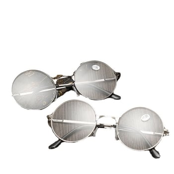 Olvasószemüveg kerek kerettel, lencsék gyantából, multifokális és kékfényvédett, teljes keret lemez- és fém konstrukcióval, üzleti, elegáns, minimalist stílus