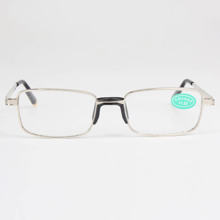Olvasószemüveg, négyszögletes fém keret, üveglencsék, minimalist stílus, felnőtteknek hosszú arcformához.