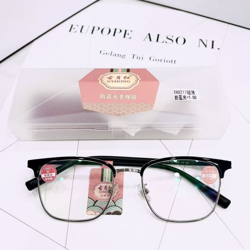 Olvasó szemüveg kékfény elleni védelemmel, aszférikus lencsék, teljes keretű fém keret, univerzális illeszkedés négyszögletes archoz