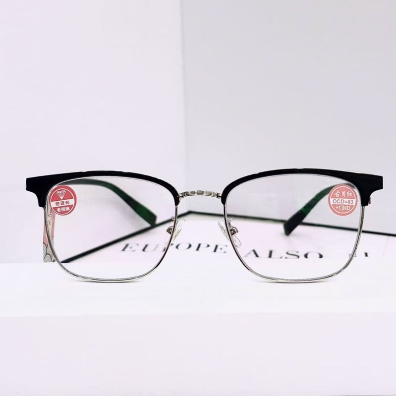 Olvasó szemüveg kékfény elleni védelemmel, aszférikus lencsék, teljes keretű fém keret, univerzális illeszkedés négyszögletes archoz