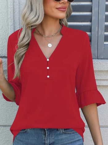 Női felső, V-nyakú, fodros ujjakkal, laza szabás, poliészter-spandex keverék