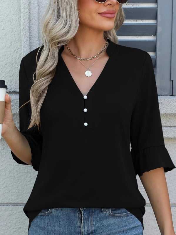 Női felső, V-nyakú, fodros ujjakkal, laza szabás, poliészter-spandex keverék