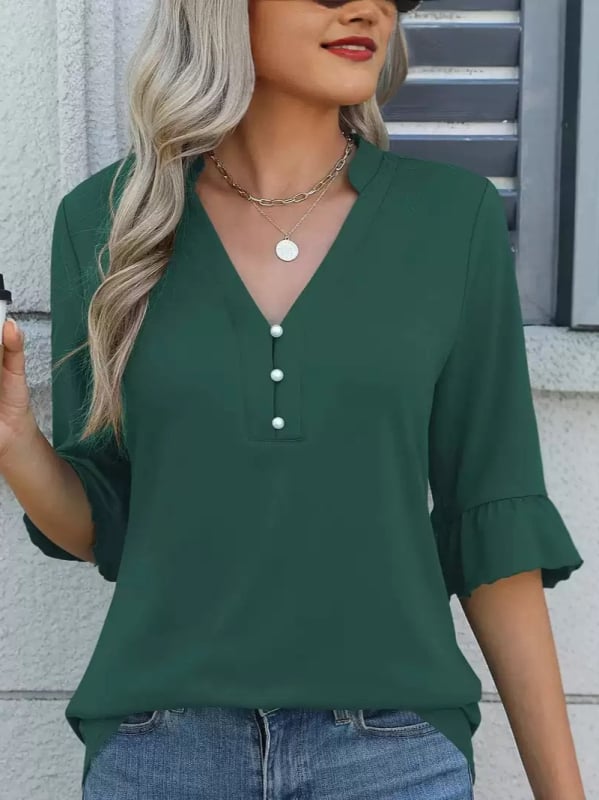 Női felső, V-nyakú, fodros ujjakkal, laza szabás, poliészter-spandex keverék