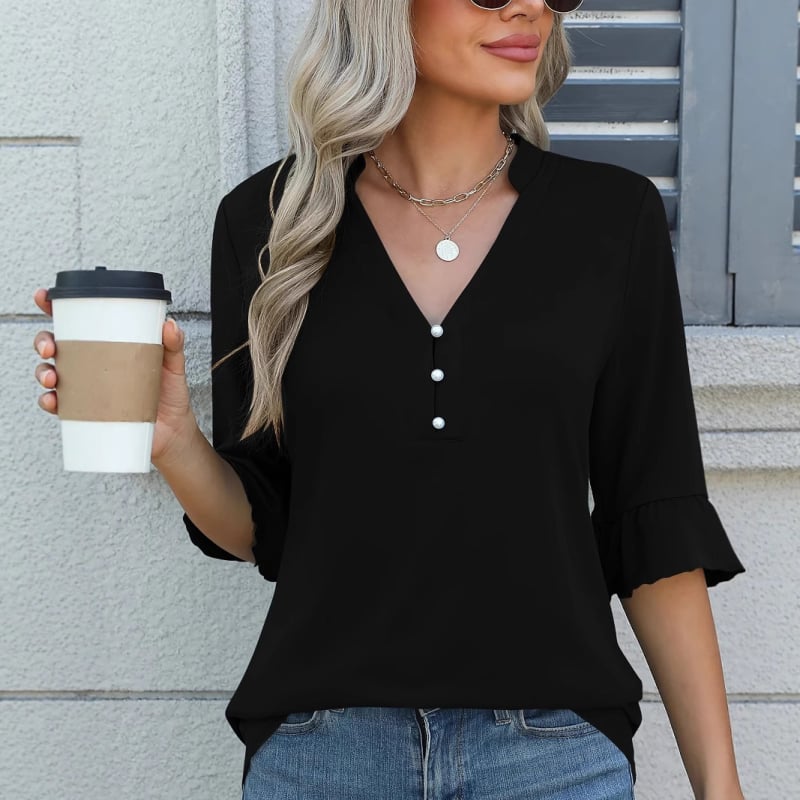 Női felső, V-nyakú, fodros ujjakkal, laza szabás, poliészter-spandex keverék