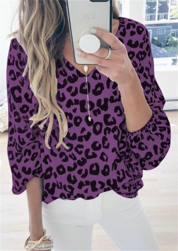 Nyomtatott pamut felső V-nyakkal és lámpás ujjaival