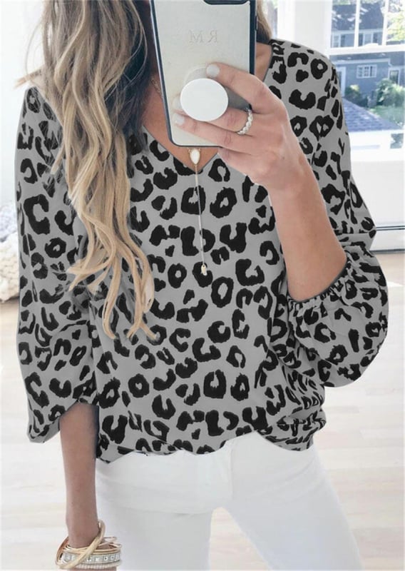 Top din bumbac cu imprimeu, decolteu în V și mâneci clopot