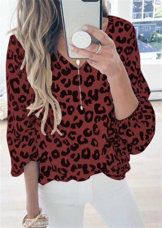 Top din bumbac cu imprimeu, decolteu în V și mâneci clopot