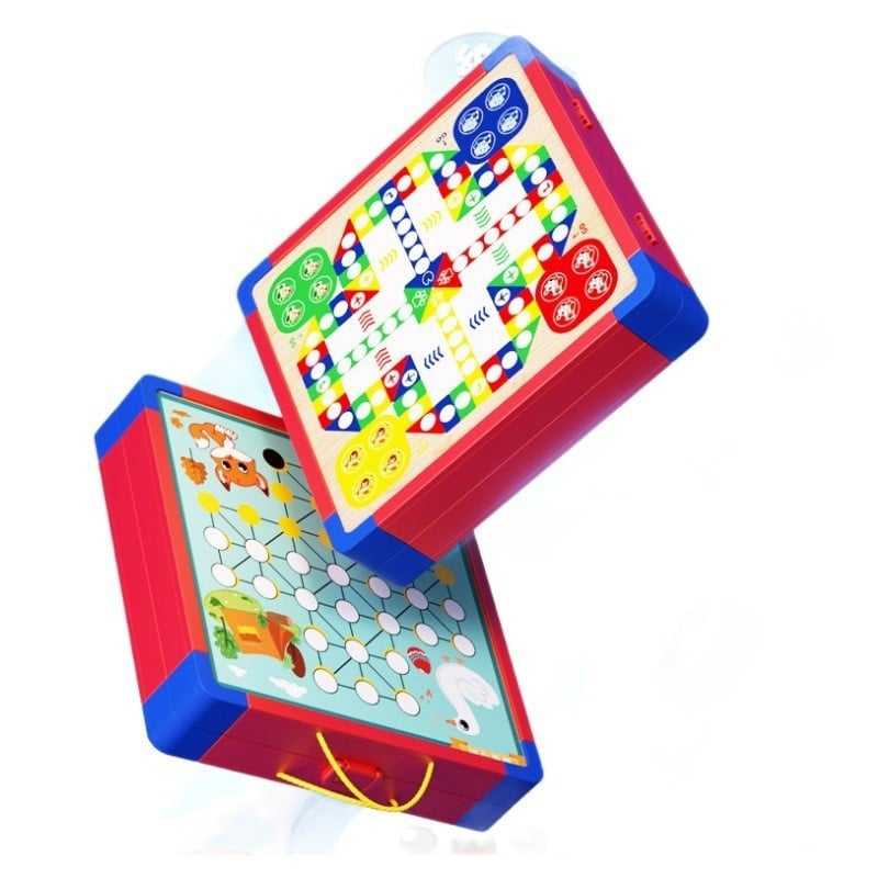 Többfunkciós asztali játékkészlet: sakk, repülő sakk, kaland sakk; műanyag kivitel; kézben vihető ajándékdoboz; 4–6 éveseknek; több játékos harc