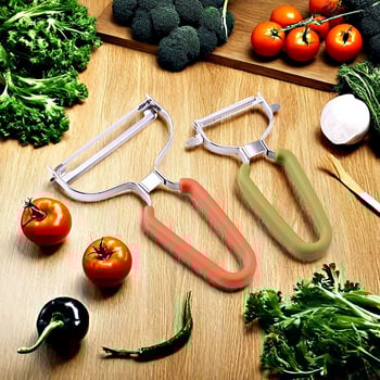 Többszörös funkciójú gyümölcs hámozó, Y- és P-típusú pengékkel, 430 rozsdamentes acélból • Gumi- és TPR-markolat • Három az egyben