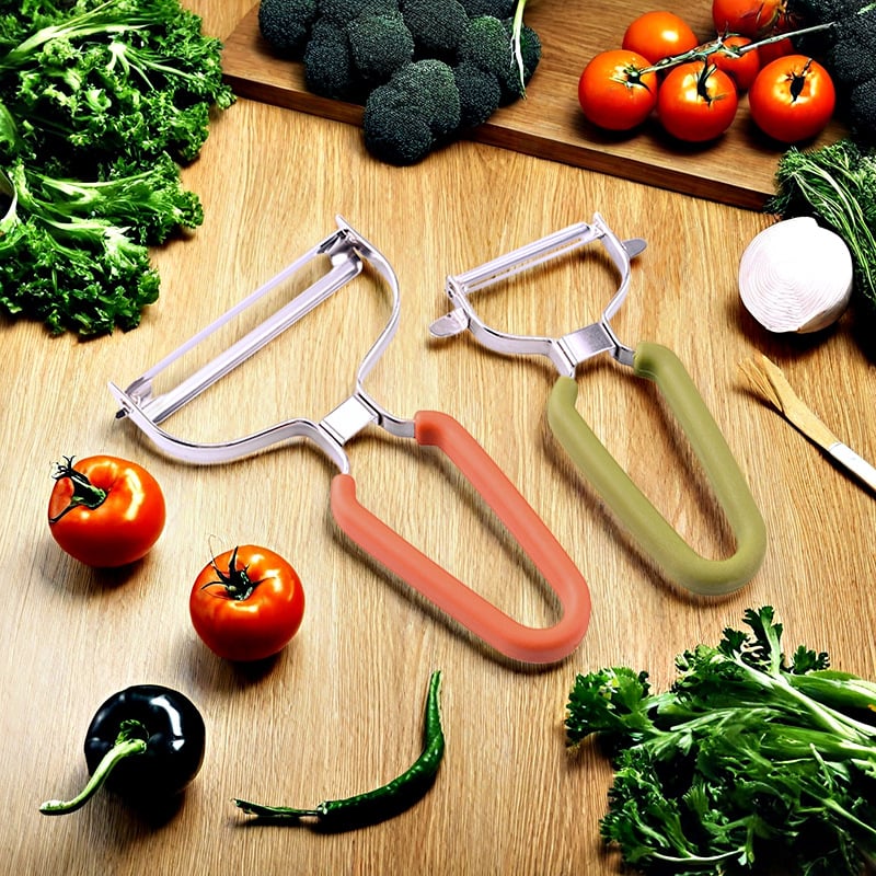 Többszörös funkciójú gyümölcs hámozó, Y- és P-típusú pengékkel, 430 rozsdamentes acélból • Gumi- és TPR-markolat • Három az egyben