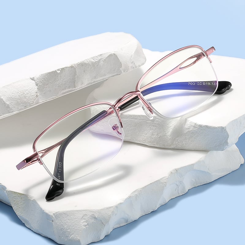 Olvasószemüveg kékfény elleni védelemmel, gyanta lencsékkel, félkeretes, négyzet alakú fémkeret, felnőtteknek