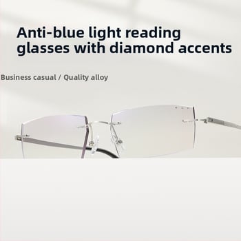 Férfiak számára keret nélküli olvasó szemüveg, diamantvágott élekkel, kékfény elleni védelem, sugárzás elleni védelem, fáradtság elleni védelem, UV védelem