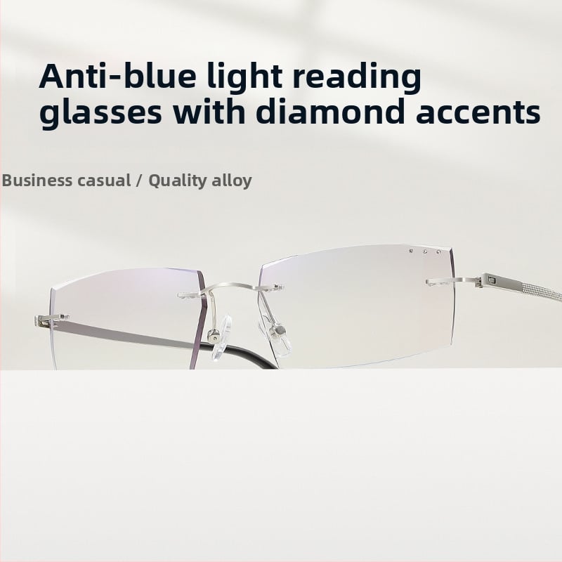 Férfiak számára keret nélküli olvasó szemüveg, diamantvágott élekkel, kékfény elleni védelem, sugárzás elleni védelem, fáradtság elleni védelem, UV védelem
