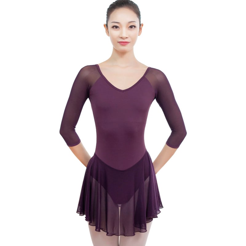 Ενήλικος Λεόταρ Μπαλέτου για Προπόνηση, με 3/4 Μανίκια, Πλέγμα Πάνελ, χωρίς Πλάτη, Με Φούστα, Μετάξι Γάλα, Στενή Γραμμή