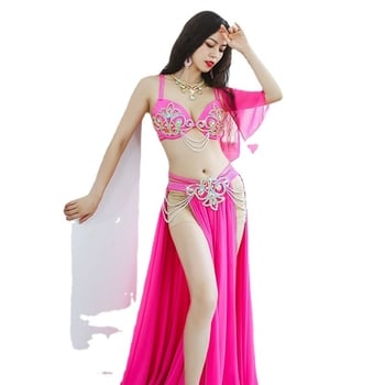 Belly Dance előadásra tervezett jelmez kettős hasítékkal és nagy, lobogó szoknyával, gyöngyház chiffon + spandex, 90% poliészter, nőknek